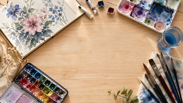 Top view of creative artist workspace with art supplies and copy space on wooden desk