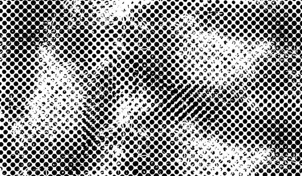 Distressed grunge black halftone texture on transparent background. Abstract dirty scratches faded grunge effect overlay. PNG image.