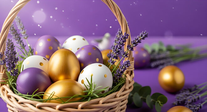 Easter eggs in basket with lavender