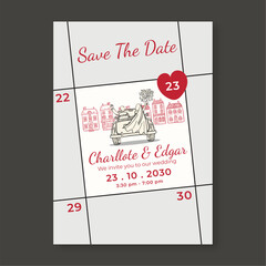 Elegant Wedding Save the Date Card Template with Whimsical Hand-Drawn Illustration of Bride and Groom in Vintage Car and Calendar Layout © Proyecto Randy