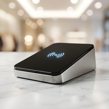 Close-up of Minimalist Contactless NFC Payment Terminal on Modern Retail Counter