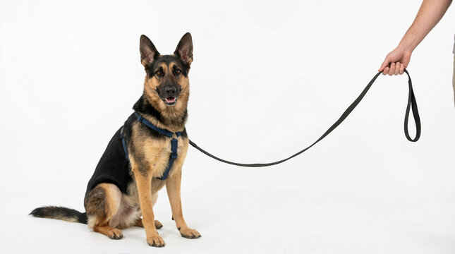 German Shepherd dog wearing a blue harness sitting on a white background. Hand holding a leash attached to an obedient canine. Studio portrait with copy space
