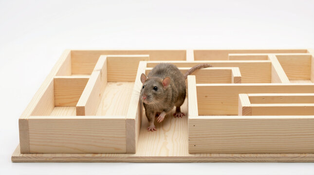 Brown domestic rat navigating through a wooden maze. Rodent exploring a labyrinth puzzle on a white background. Animal intelligence and problem solving concept