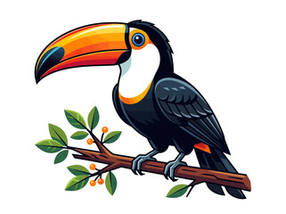Naklejka premium Colorful cartoon toucan bird perched on a tropical branch.