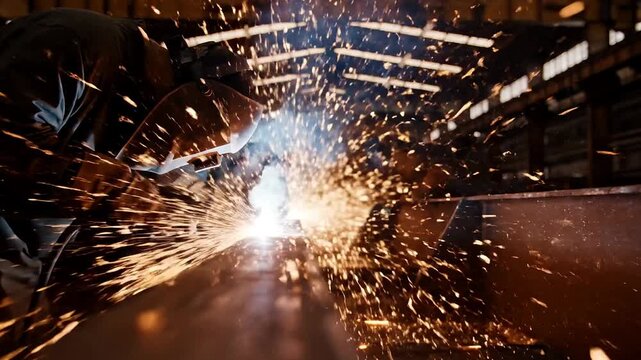 A person wearing protective gear welds metal, sparks flying everywhere