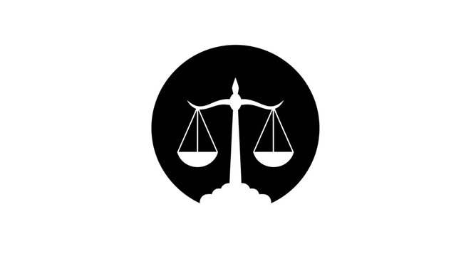Black and white scales of justice icon in a circle.