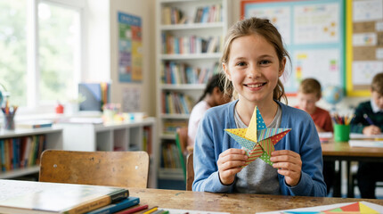 Smiling young girl holding a colorful origami paper star in a classroom. Caucasian elementary student showing her handmade craft project at her desk. Childhood creativity and art education