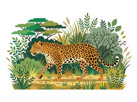 A beautiful illustration of a spotted leopard walking gracefully.