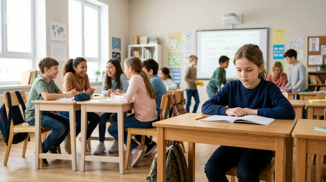 Sad young girl sitting alone at her desk while classmates talk in the background. Caucasian elementary student feeling ignored and isolated in a classroom. Childhood social issues and loneliness