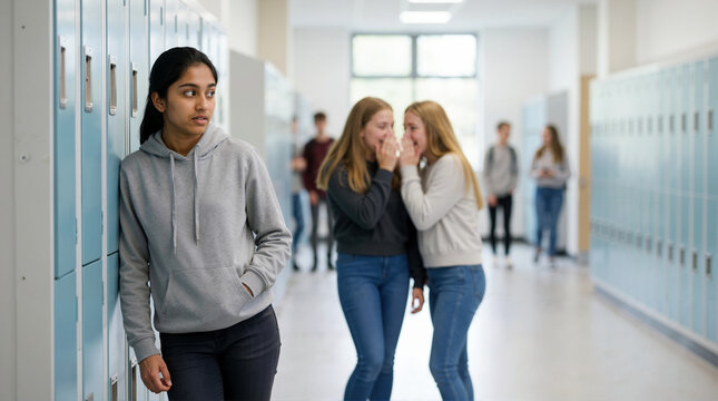 Upset teenage girl leaning on lockers while peers gossip in the background. High school student experiencing bullying and social exclusion in hallway
