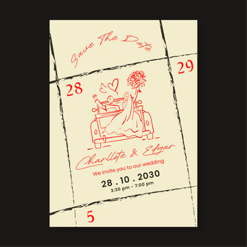 Elegant Hand Drawn Save the Date Wedding Invitation Card Featuring a Romantic Couple in a Vintage Car Illustration on Textured Background