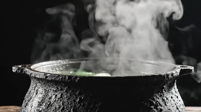 Cauldron steaming on a dark background with visible vapor rising from the pot