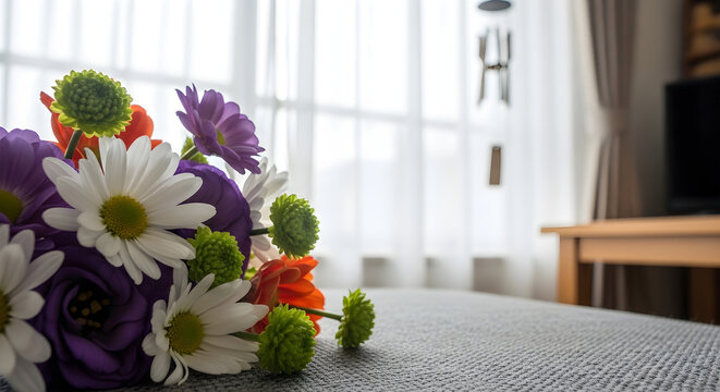 Flowers in vase on table with window background