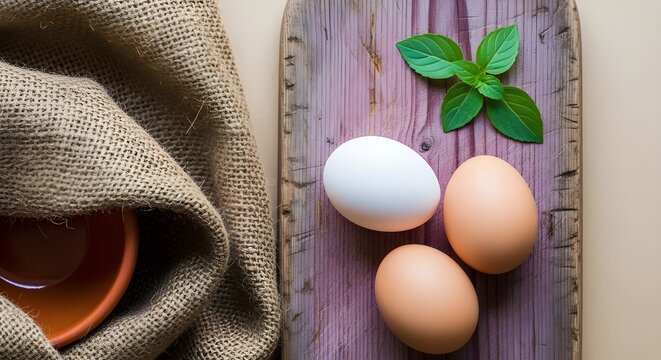 brown knit scarf with eggs and mint on wood