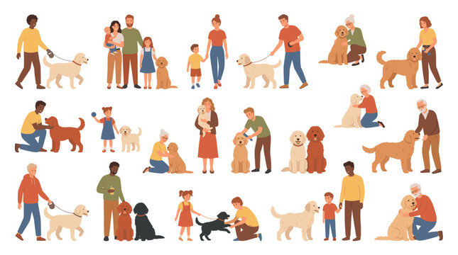 Diverse People and Goldendoodle Dog Vector Illustration Set Family Kids Walking Playing