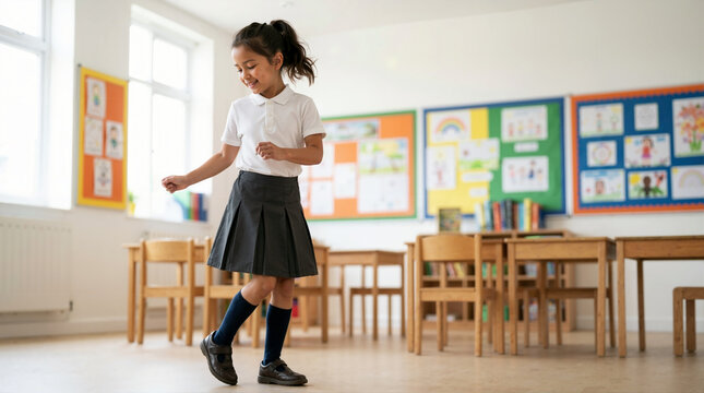 Happy girl in uniform dancing in a classroom. Cheerful elementary student having fun at school. Active childhood and education concept
