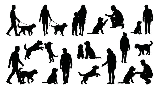 Black Silhouette Set of People and Goldendoodle Dog Vector Walking Playing and Petting