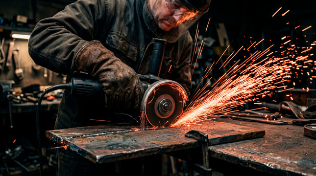 Worker using angle grinder with sparks in metal construction work