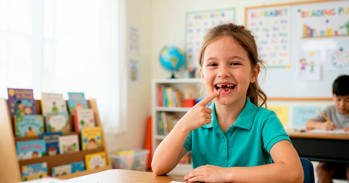 Happy young girl pointing to her missing front teeth in a classroom. Smiling elementary student sitting at a desk. Childhood development and dental health milestone
