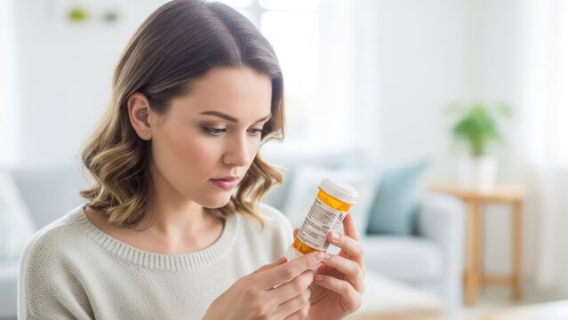 Woman looking intently at a pill bottle in a home setting, considering the instructions