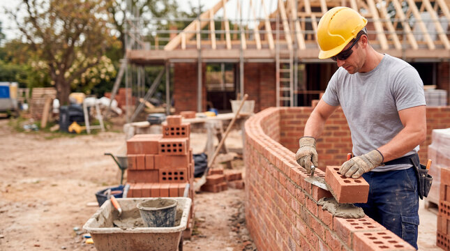 Bricklayer building curved brick wall at residential construction site