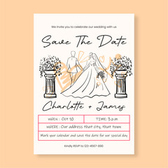 Elegant Hand Drawn Wedding Save the Date Card Template with Bride and Groom Sketch and Floral Accents © Proyecto Randy