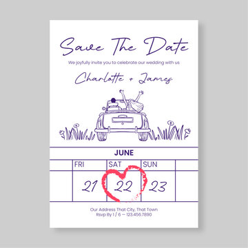 Minimalist Save the Date Wedding Invitation Card Template with Illustrative Couple in Vintage Car and Red Heart Calendar Detail