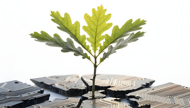 young oak sapling growing out of a modern, cracked electronic circuit board