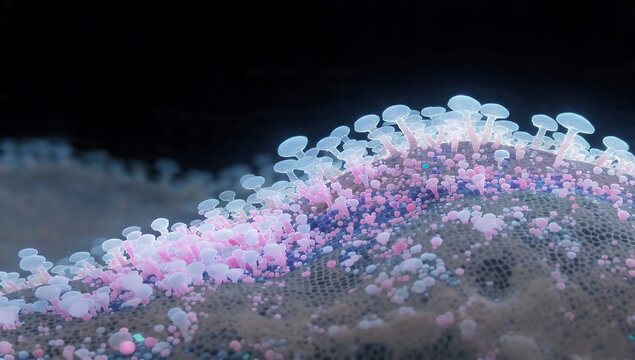 Abstract 3D render of glowing pink and blue bioluminescent fungi-like structures on a dark organic surface. Futuristic microscopic visualization of alien spores, cells, or biotech concepts.