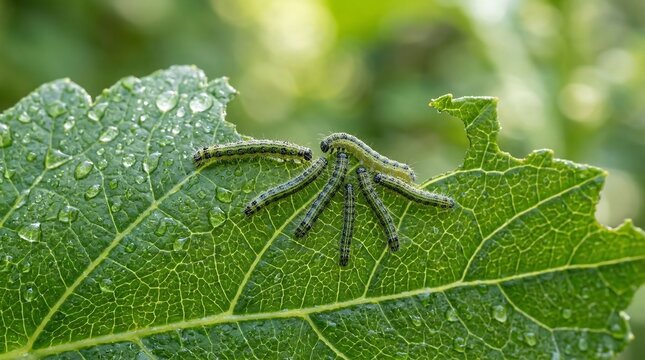 Caterpillars infest wet green leaf eating holes

