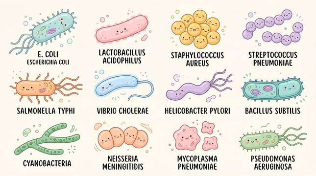 Collection of cute cartoon bacteria with scientific names
