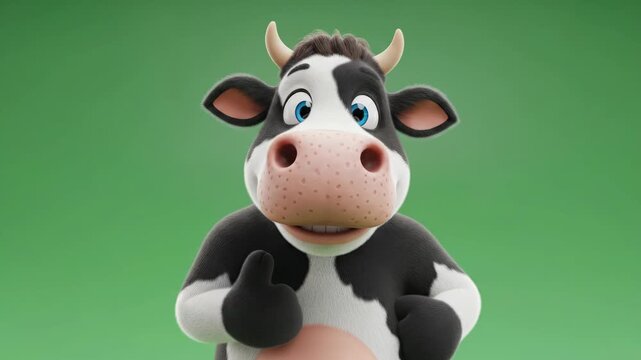 Cartoon cow giving thumbs up against green backdrop