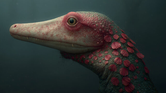 Close Up Portrait of Red Spotted Fantasy Reptile Creature on Dark Background