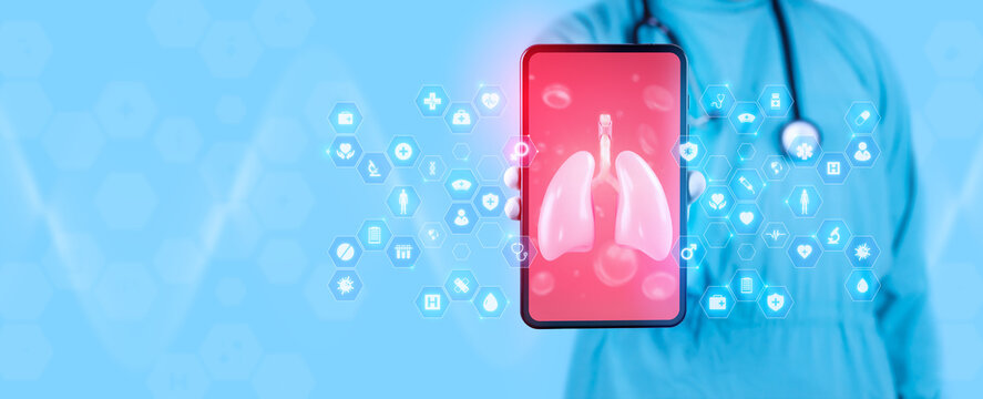 A pulmonologist holds a tablet displaying an image of the lungs. Concept of telemedicine and digital respiratory health, pulmonology artificial intelligence. Detection of lung conditions. Isolated.