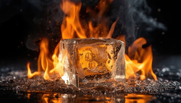 A glowing ice cube surrounded by vivid orange flames, creating a striking contrast between fire and ice with smoke rising in the dark background.