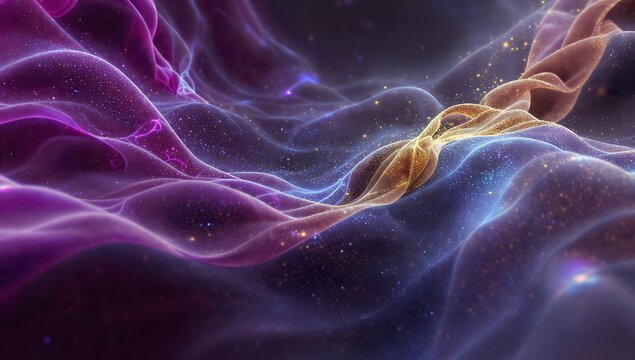Abstract 3D render of flowing purple and gold ethereal waves with shimmering particles. Cinematic microscopic visualization of energy threads, neural pathways, or futuristic organic nebula.