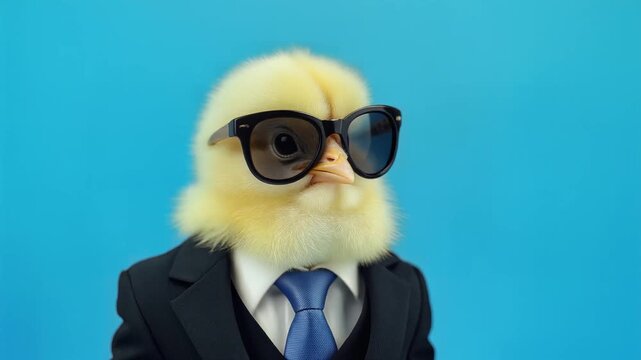 Business chick, detailed dressed in suit and tie with sunglasses on, against a plain blue background, static shot. symbolizing professionalism and humor, representing corporate comedy.