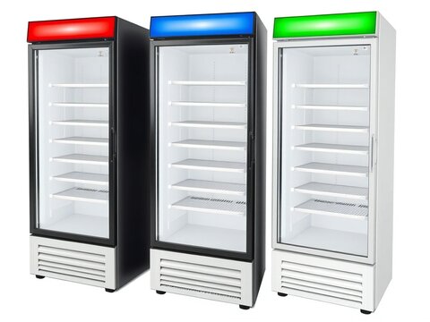 Three commercial refrigerators in different colors