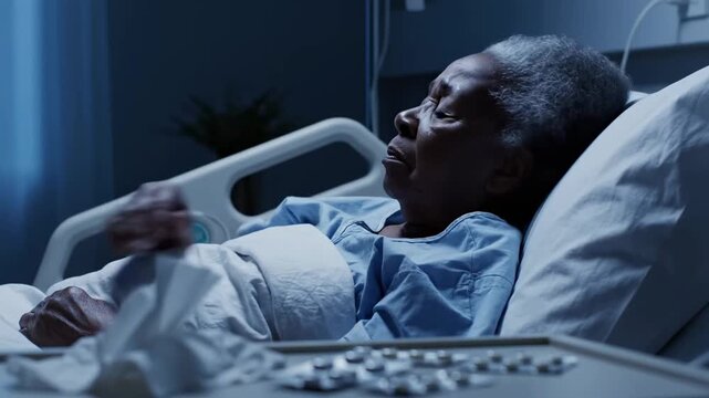 Elderly Patient Struggles In Hospital Bed Overwhelmed, Depressed, And Contemplative, Late Night