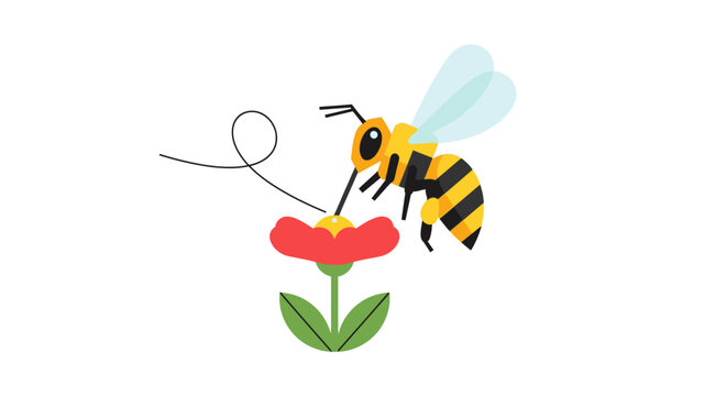 Cartoon bee collecting nectar from red flower on white background
