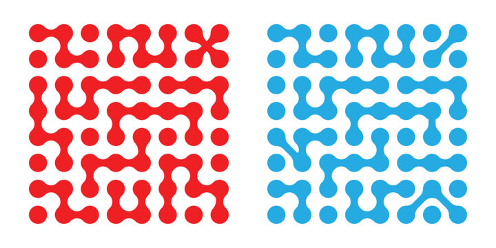 Modern geometric red and blue metaball shapes of liquid connected drops. This icon use for representing data science, molecular structures, chemical grids, or digital integration in modern UI design.