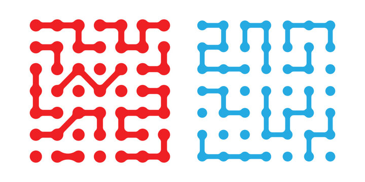 Modern geometric red and blue metaball shapes of liquid connected drops. This icon use for representing data science, molecular structures, chemical grids, or digital integration in modern UI design.