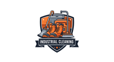 Fototapeta premium Industrial Cleaning Service Emblem with Work Boots and Cleaning Tools.
