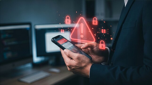Cybersecurity threat warning on smartphone with red alert icon signaling hacking attempt, virus infiltration, and data breach while user checks phone at home 