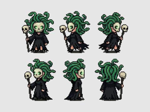 pixel art character spritesheet of a medusa gorgon with snake hair wearing a skull mask and holding a bone staff.