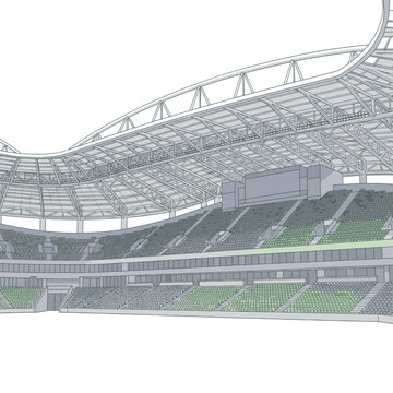 Detailed architectural blueprint of a massive modern multi-tiered sporting arena showcasing intricate roof trusses and seating design