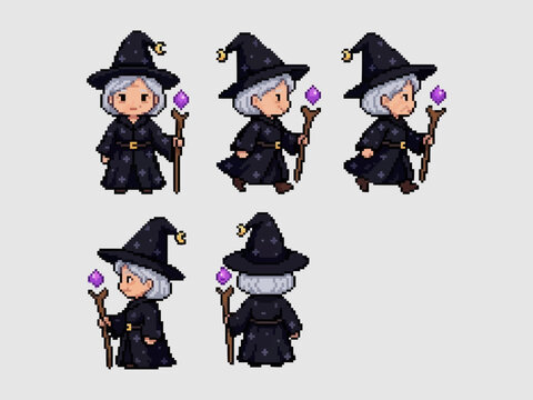 pixel art character spritesheet of an elderly female witch wearing a star-patterned robe and holding a magical glowing purple staff.