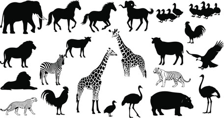 Naklejka premium Animal Silhouette Collection Featuring Safari Wildlife Farm Birds and Mammals Isolated Flat Vector Illustration Set