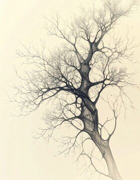 A detailed pencil sketch of a leafless tree showcasing intricate branches and textured bark on a pale background.