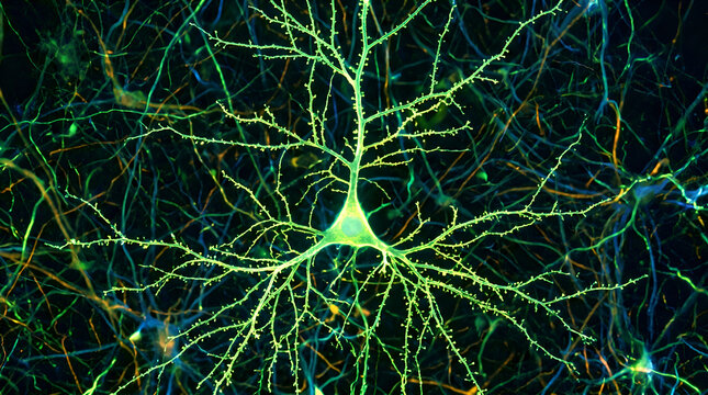microscopic view of a neuron cell with glowing green dendrites